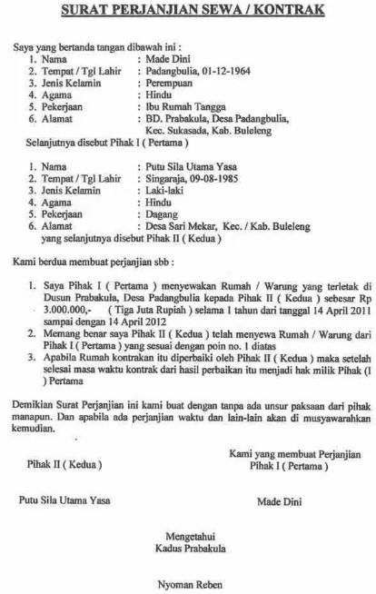 contoh surat perjanjian sewa rumah