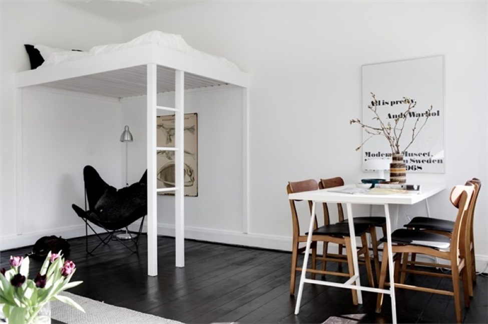 Desain Apartemen 1 Kamar dengan Tempat Tidur Loteng