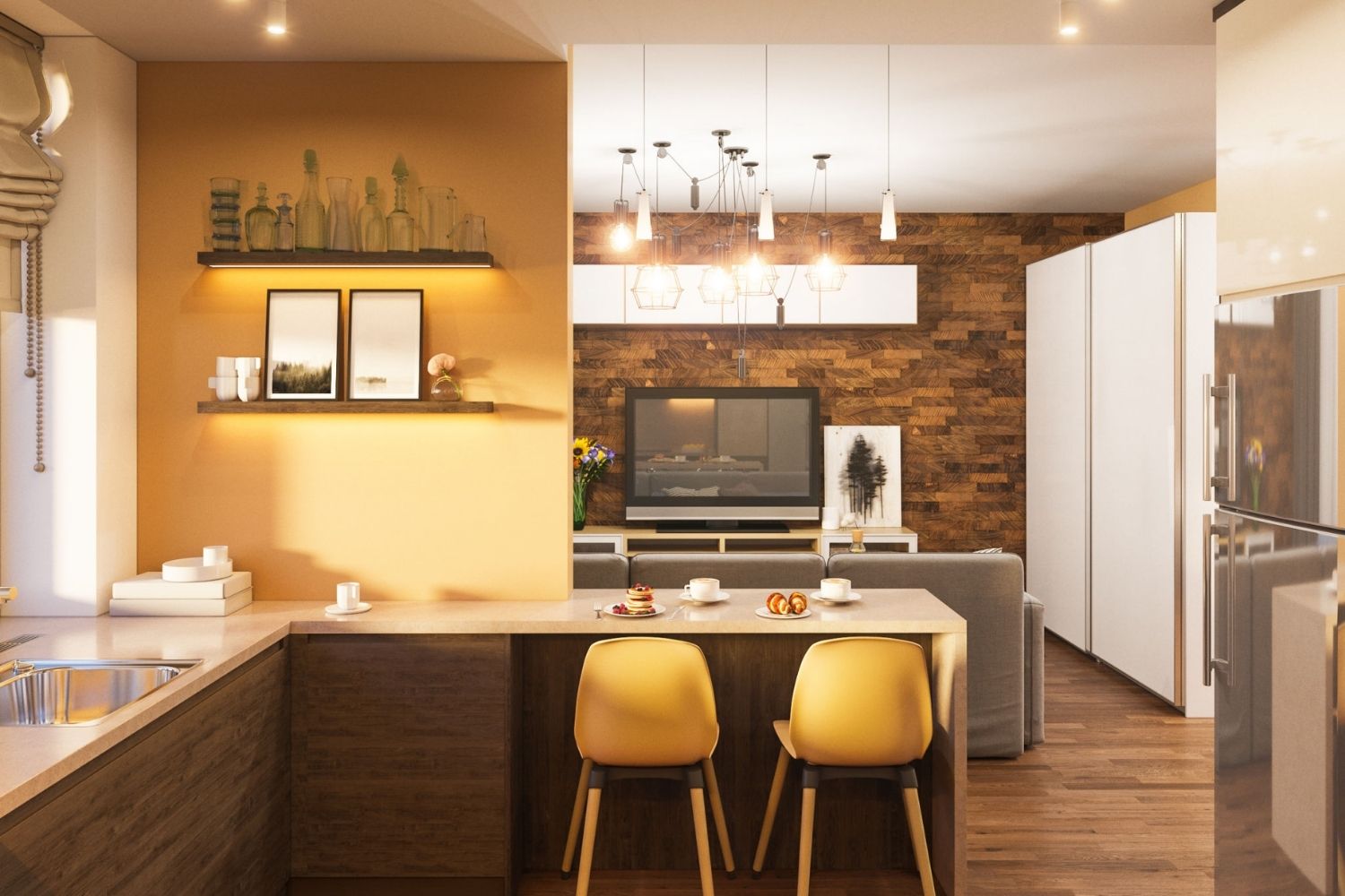 Dapur Skandinavia dengan Warna Mencolok Dapur Skandinavia dengan Warna Mencolok