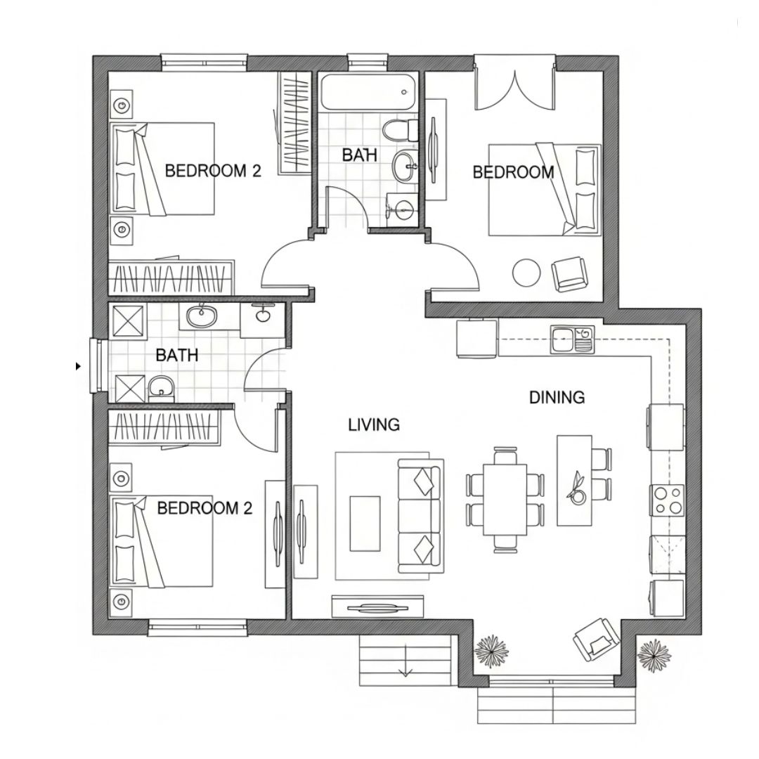 Contoh Denah Rumah Sederhana dengan Ruang Makan dan Ruang Keluarga Menyatu