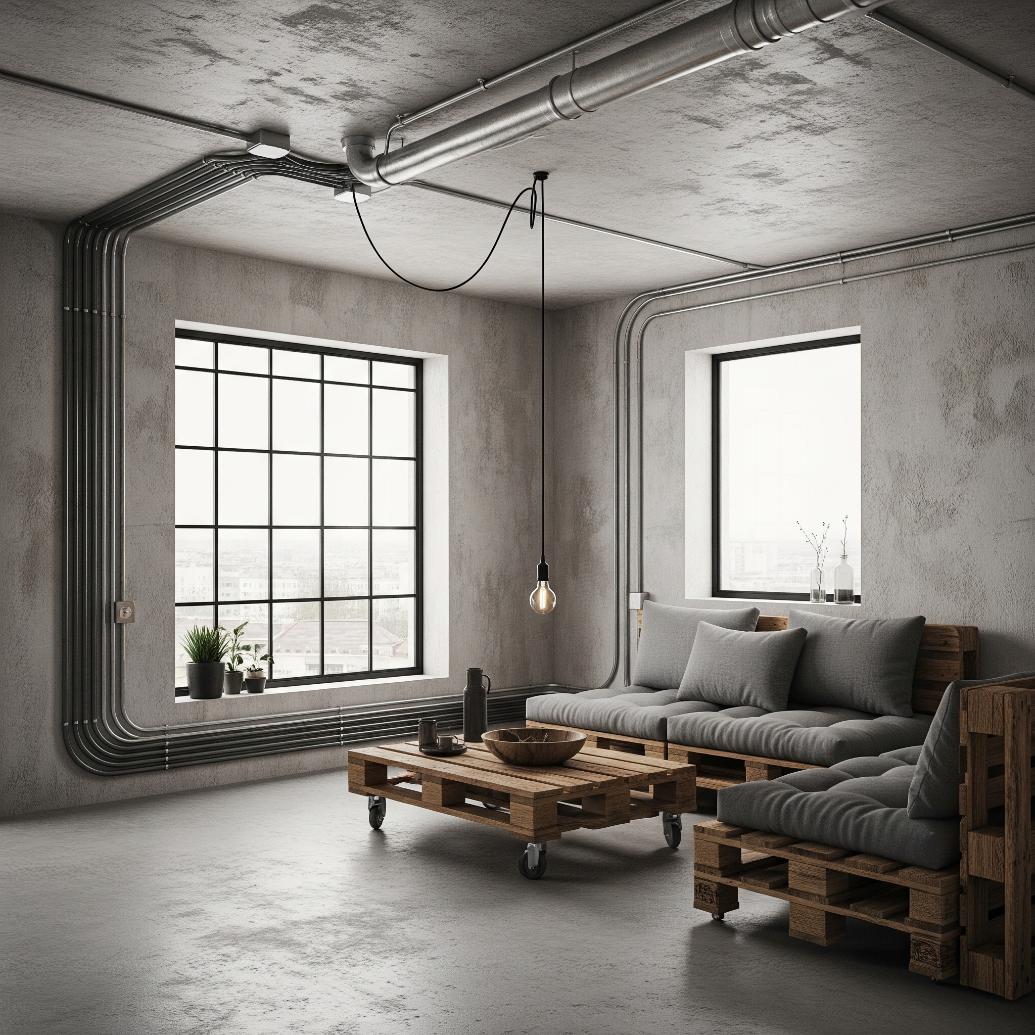 Rumah Industrial Low Budget dengan Susunan Kabel dan Pipa Terbuka