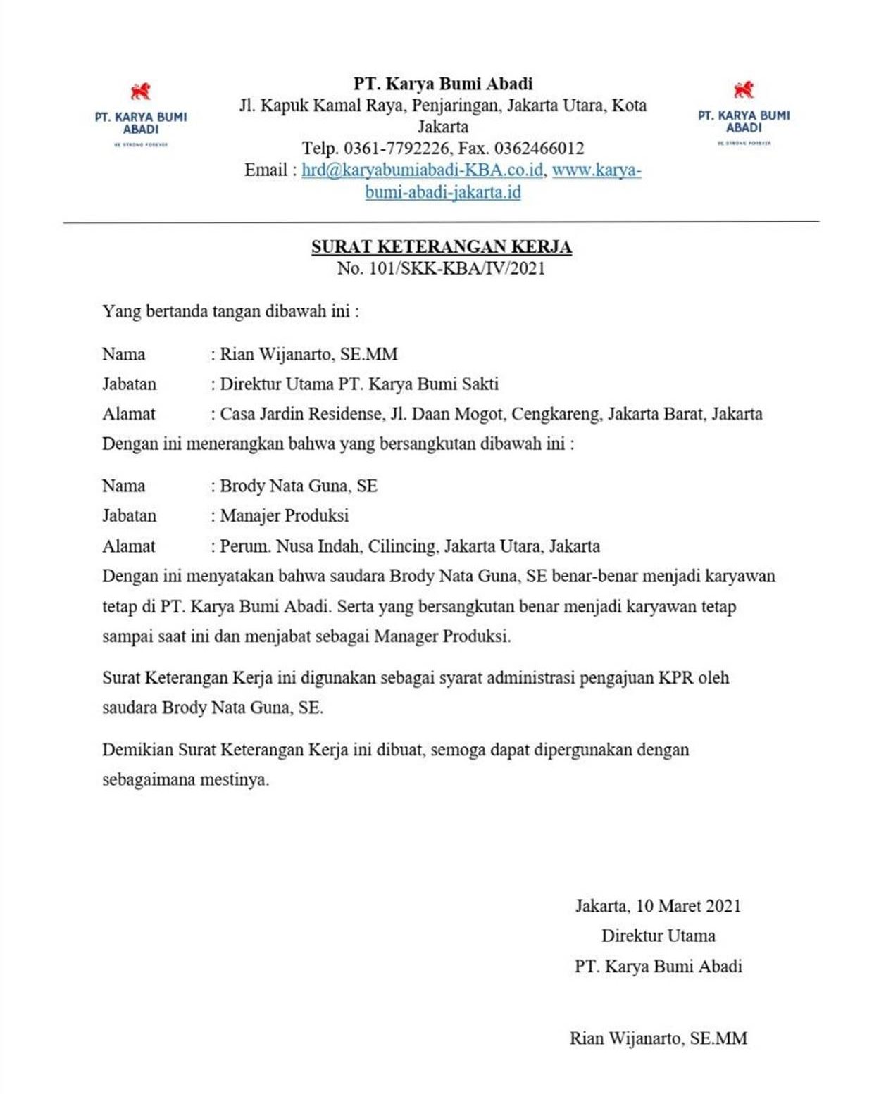 Contoh Surat Keterangan Karyawan Tetap untuk KPR