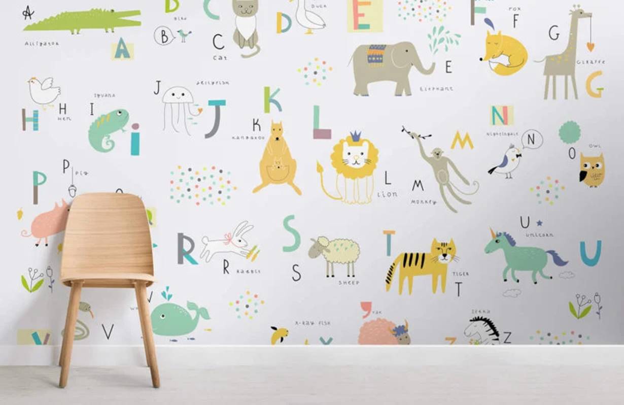 wallpaper kamar anak tema hewan dan alfabet