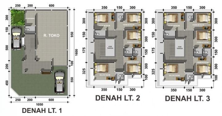 Denah Ruko 3 Lantai dengan 10 Kamar Tidur