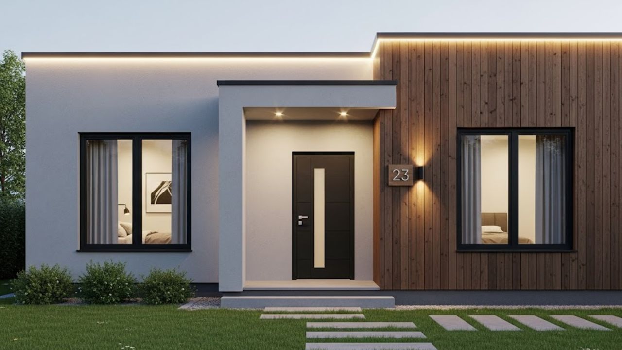 Desain Rumah 6x9 2 Kamar Tidur dengan Fasad Motif Kayu