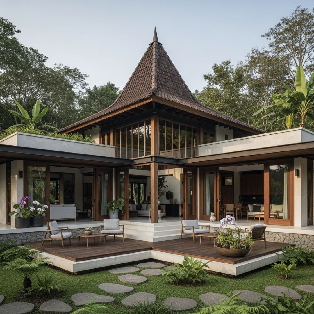 3. Desain Rumah Joglo Modern dengan Area Santai dari Dek Kayu di Bagian Depan