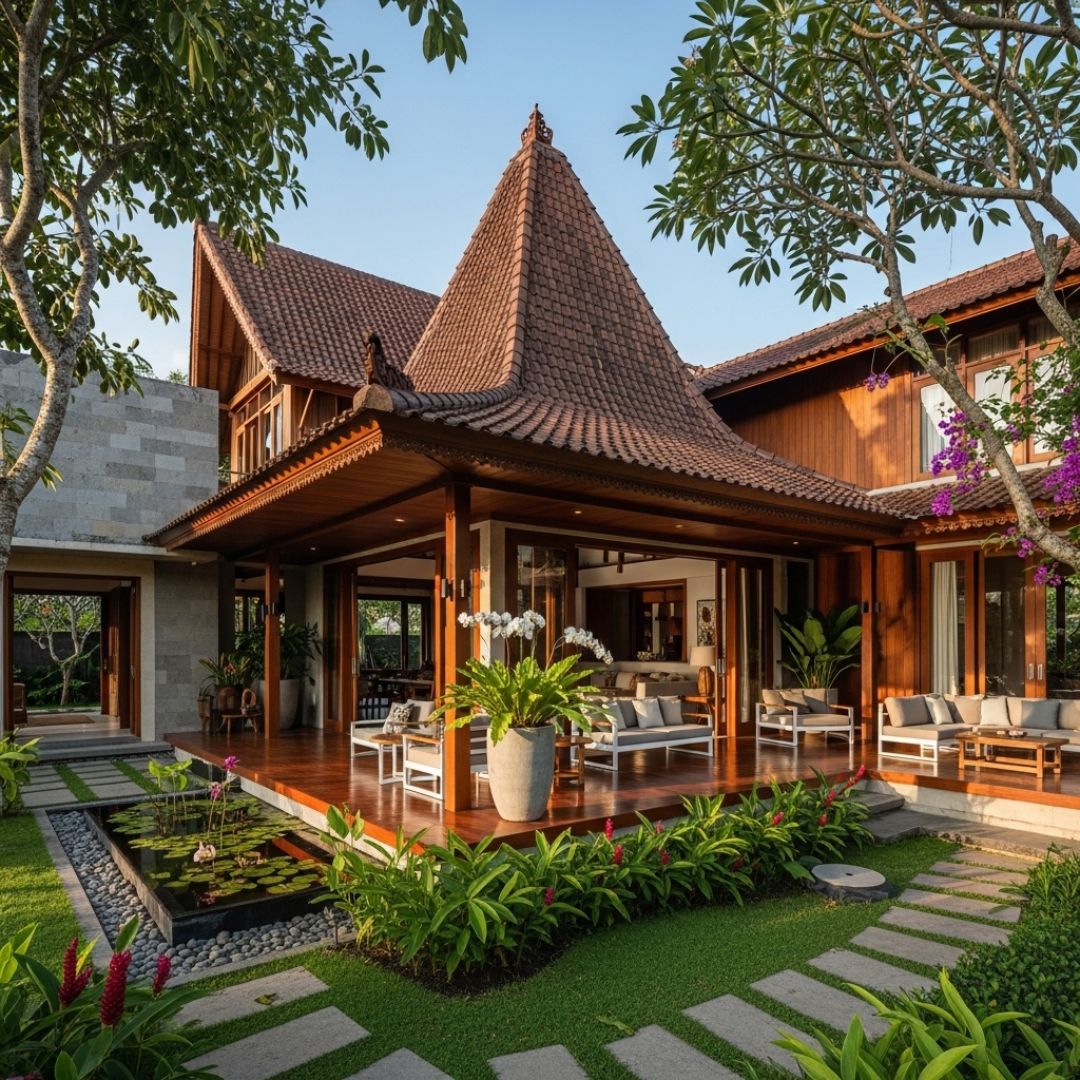 4. Desain Rumah Joglo Modern dengan Taman Hijau yang Luas