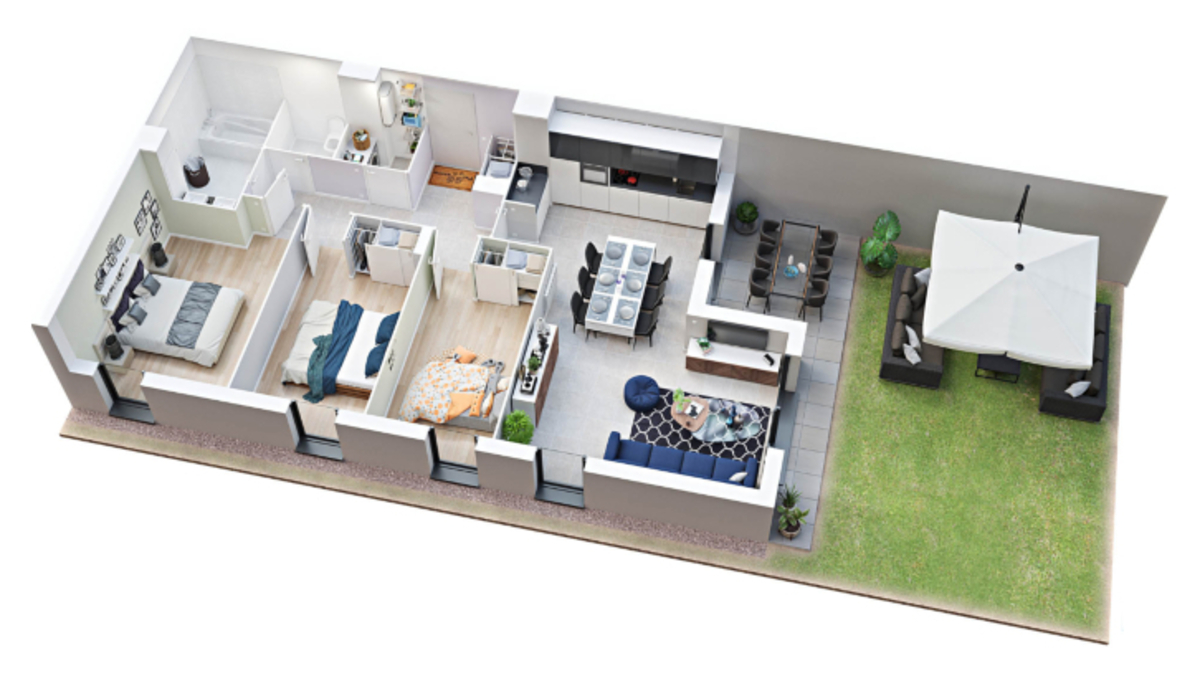 Desain Rumah Memanjang ke Belakang Dengan Halaman