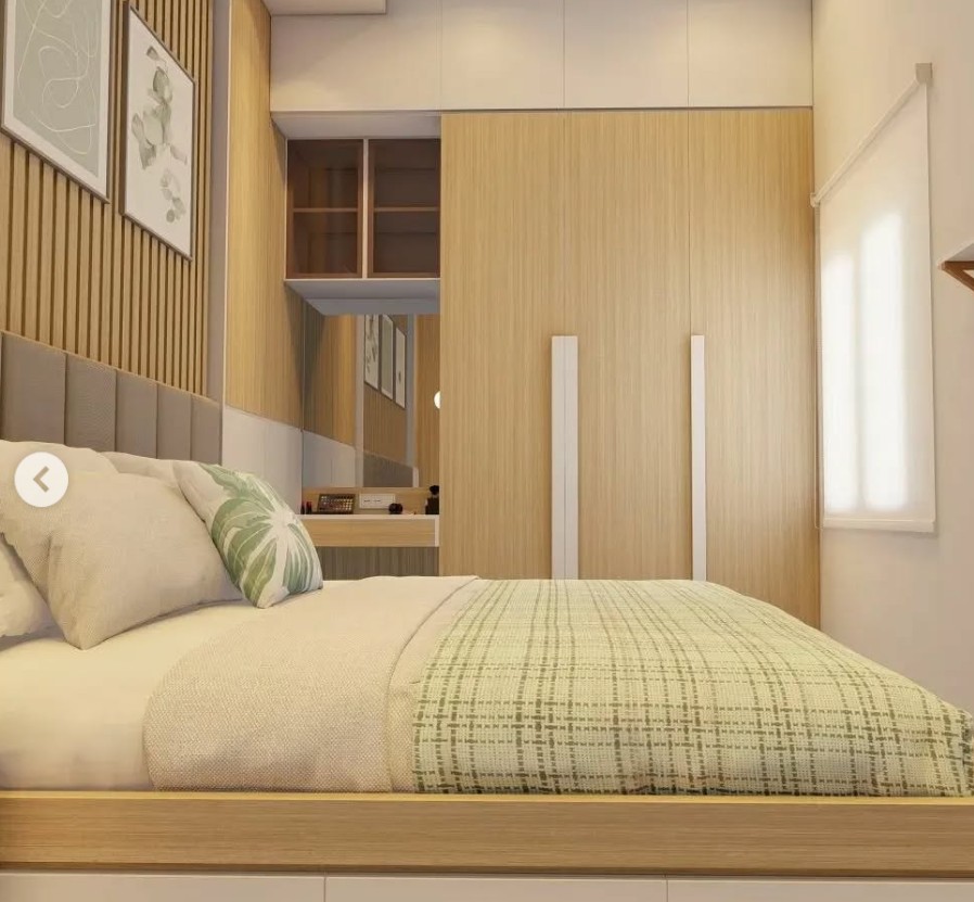 Kamar Suami Istri Minimalis Modern Nuansa Kayu yang Lembut dan Hangat