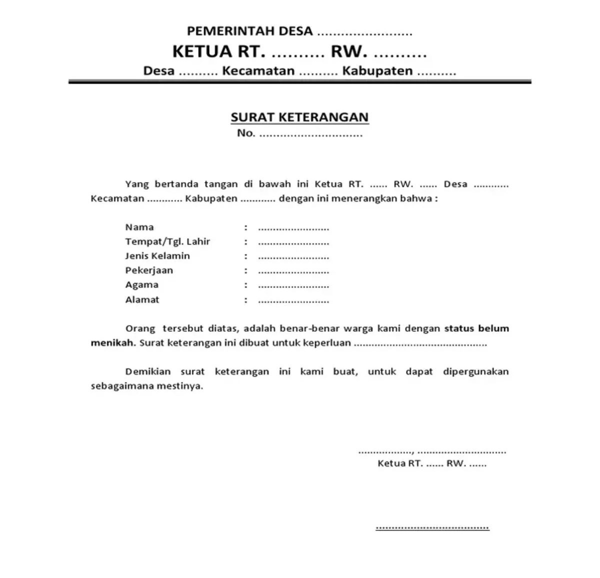 contoh surat keterangan belum menikah dari rt rw