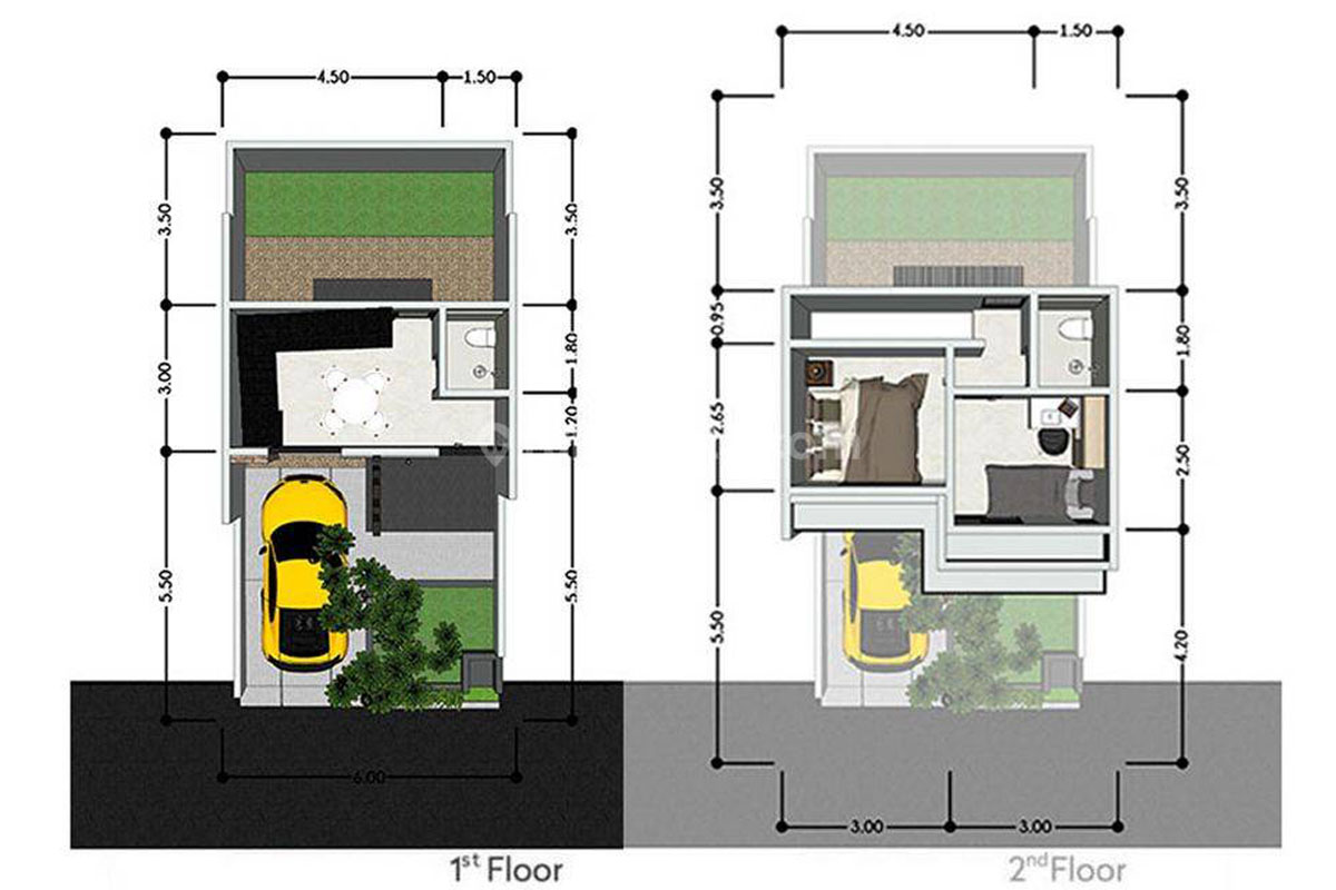 denah rumah modern natural 2 kamar tampak depan
