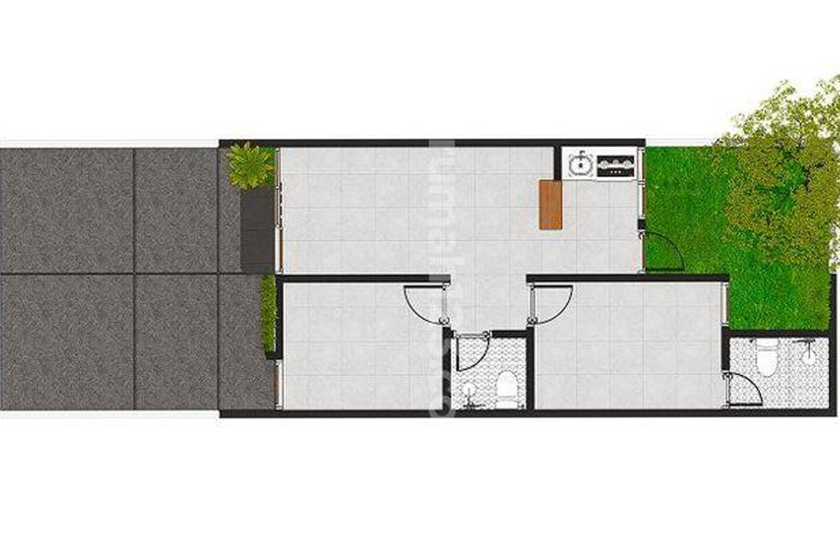 denah rumah modern 2 kamar tampak depan