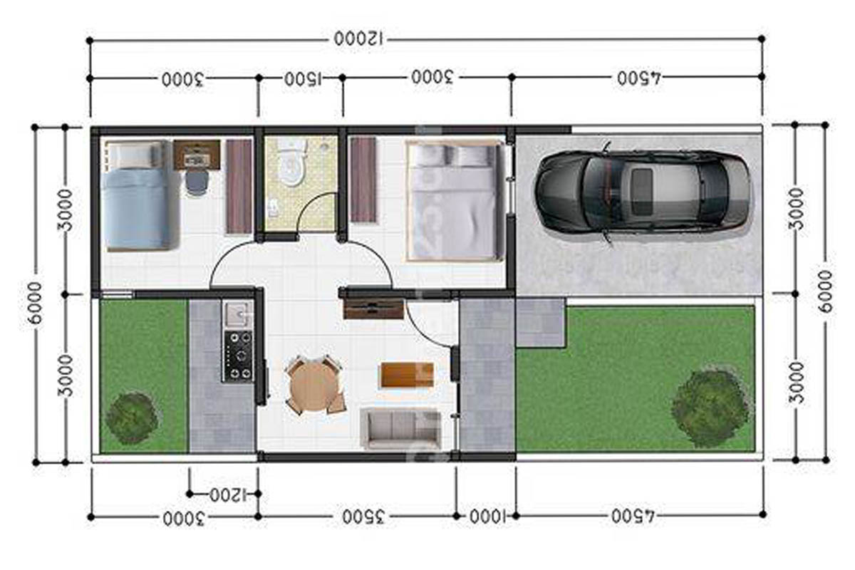 denah rumah minimalis 2 kamar tampak depan