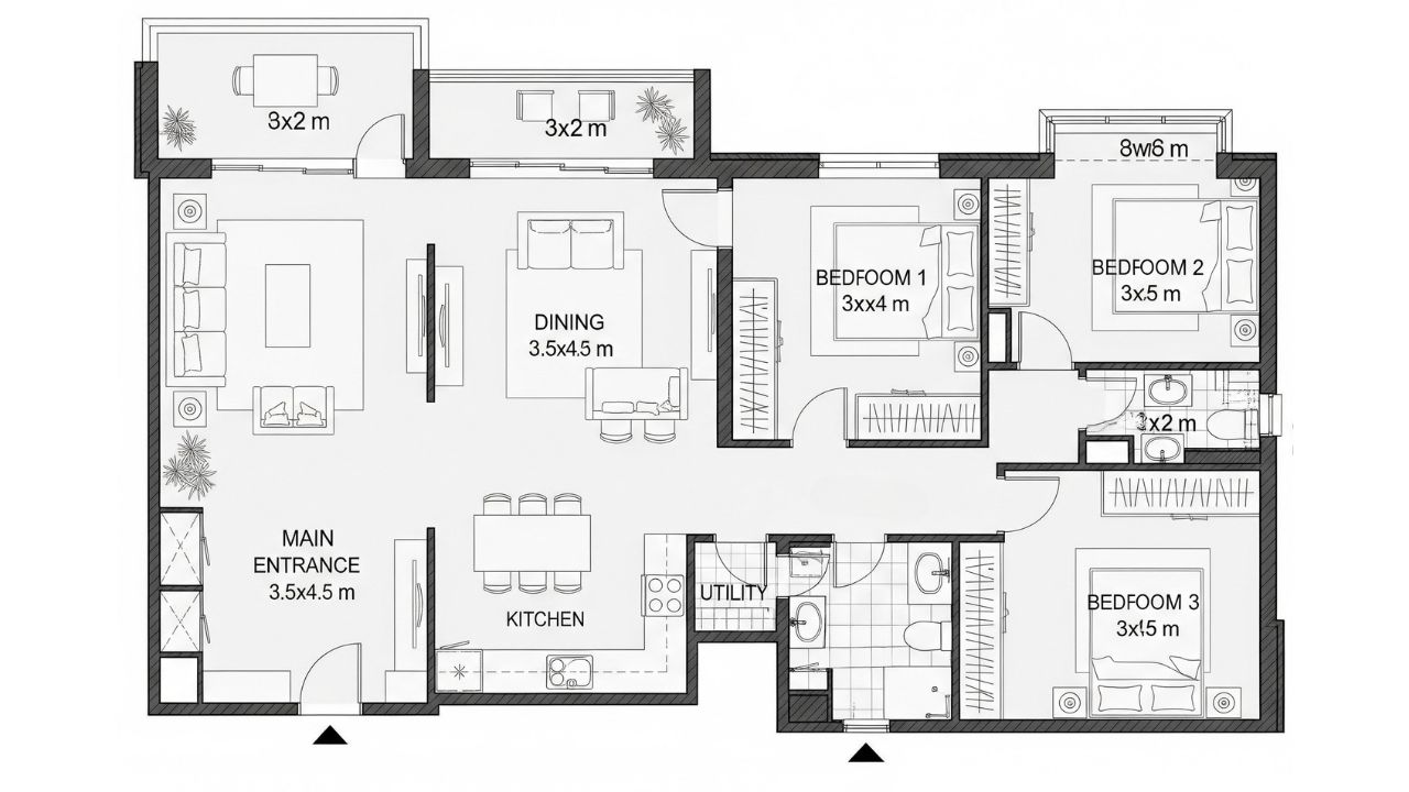 Contoh Denah Rumah 3 Kamar Ukuran 7x12 dengan 2 Kamar Mandi