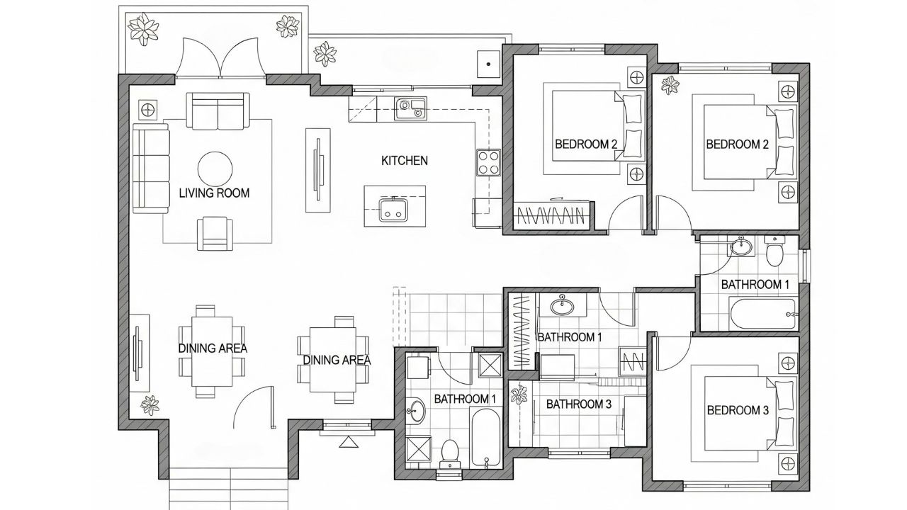 Contoh Denah Rumah 3 Kamar Ukuran 7x12 dengan Area Makan Luas