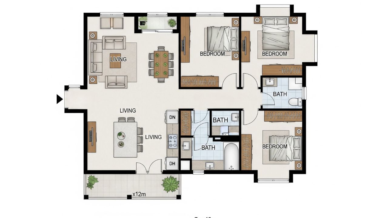 Contoh Denah Rumah 3 Kamar Ukuran 7x12 dengan Foyer