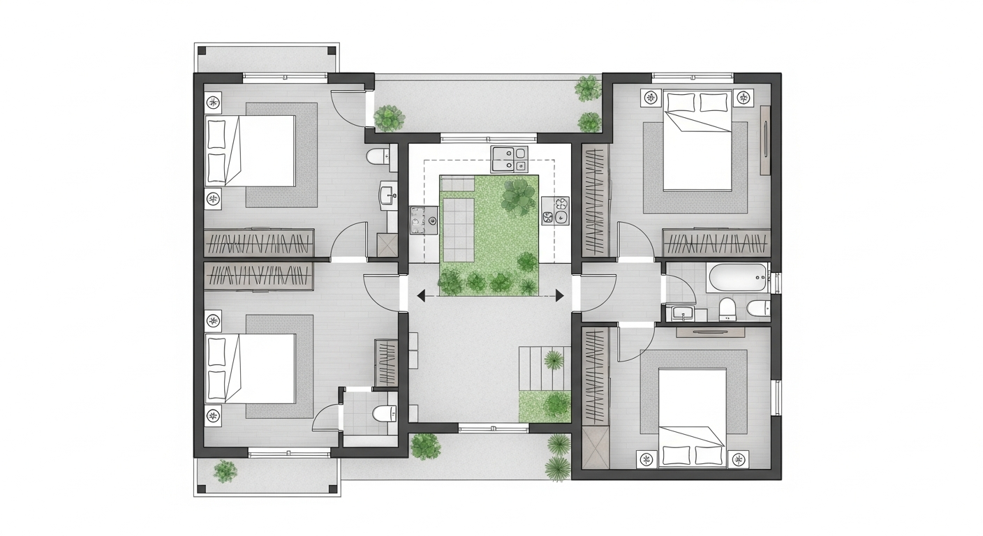 13. Denah Rumah 3 Kamar 7x12 dengan Ruang Terbuka di Tengah