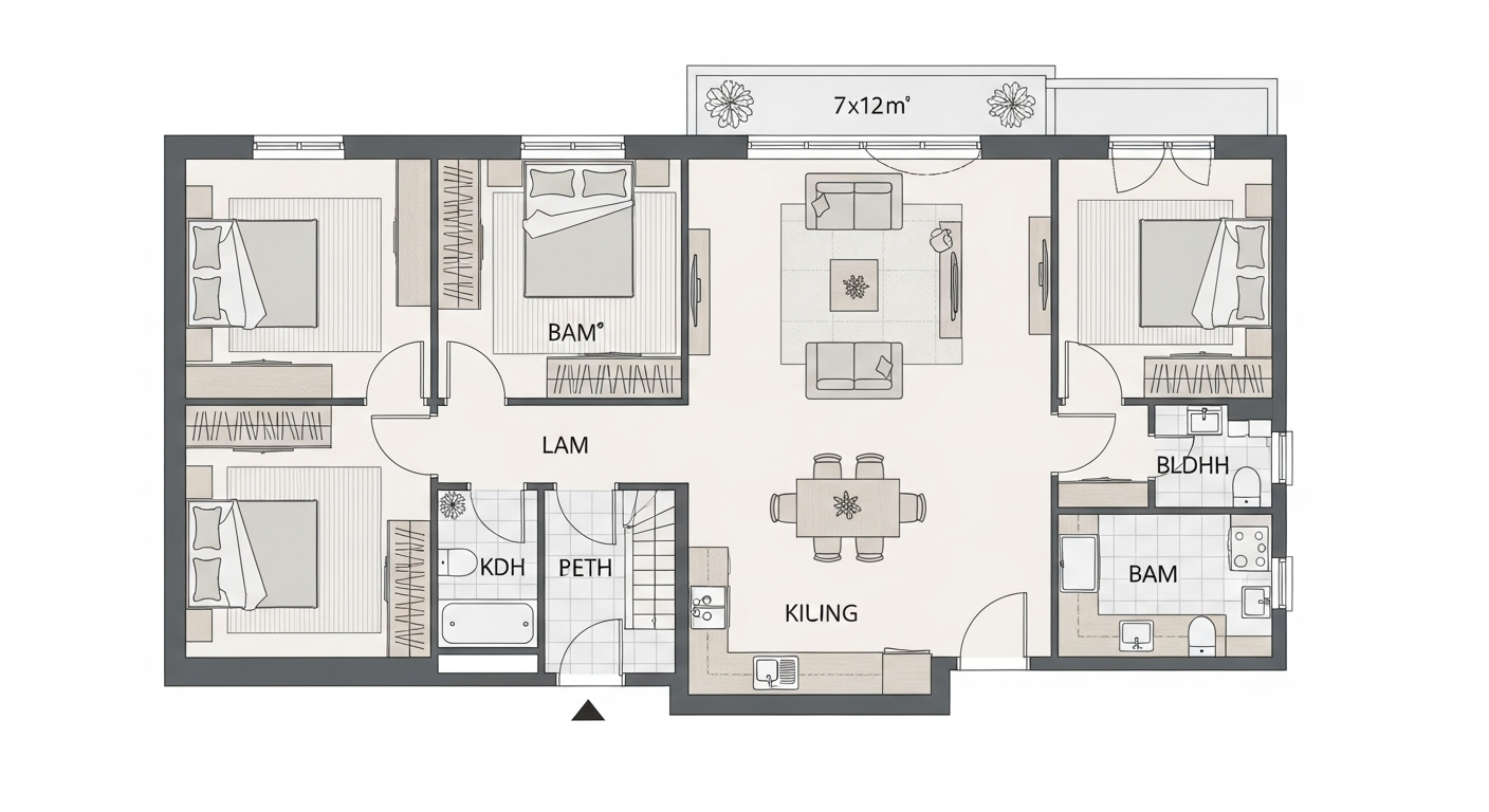 14. Denah Rumah 3 Kamar 7x12 dengan Konsep Ruang Multifungsi