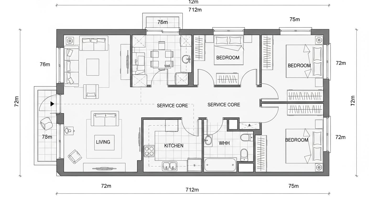 15. Denah Rumah 3 Kamar 7x12 dengan Zona Privat dan Servis Terpisah