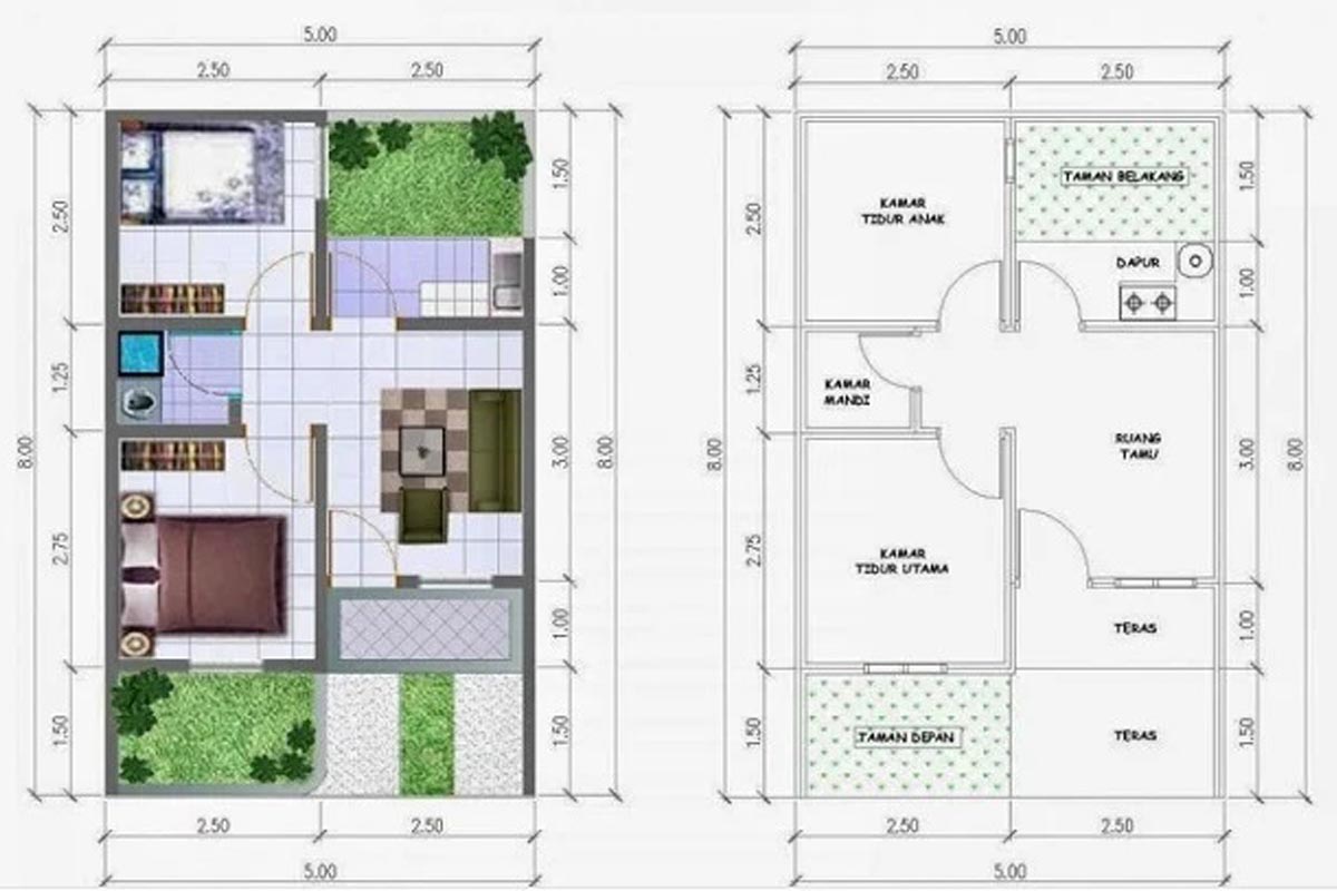 denah rumah lebar 5 meter panjang 10 meter