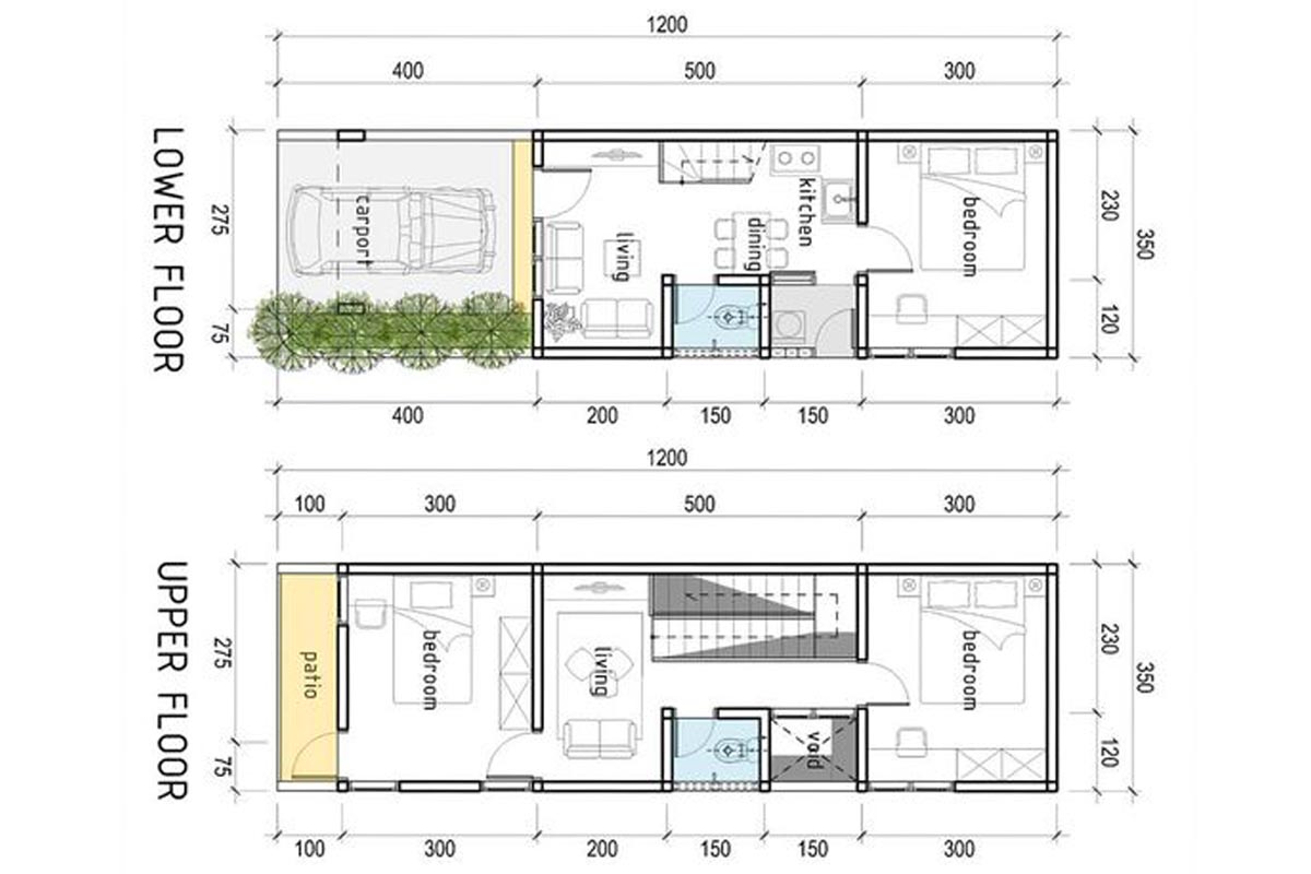 denah rumah lebar 5 meter 2 lantai