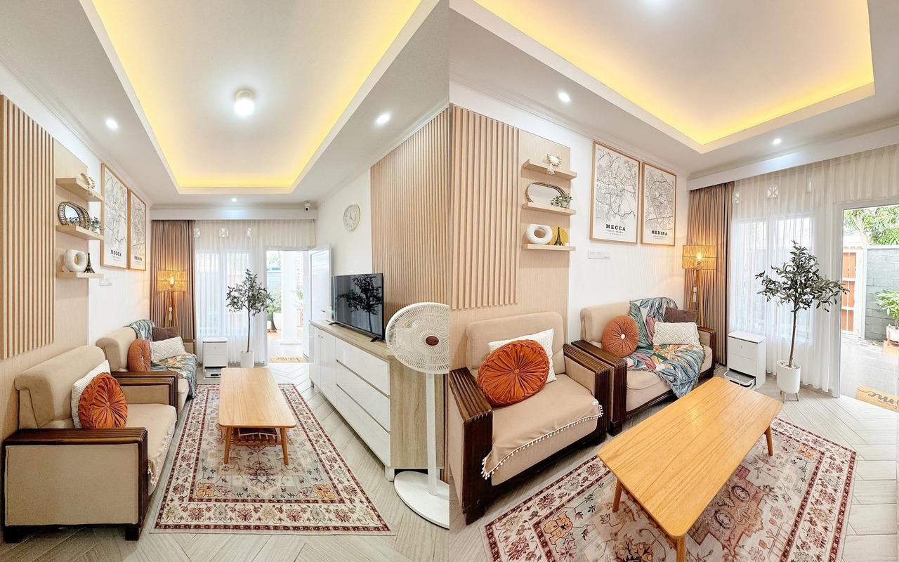 ruang tamu minimalis hangat krem