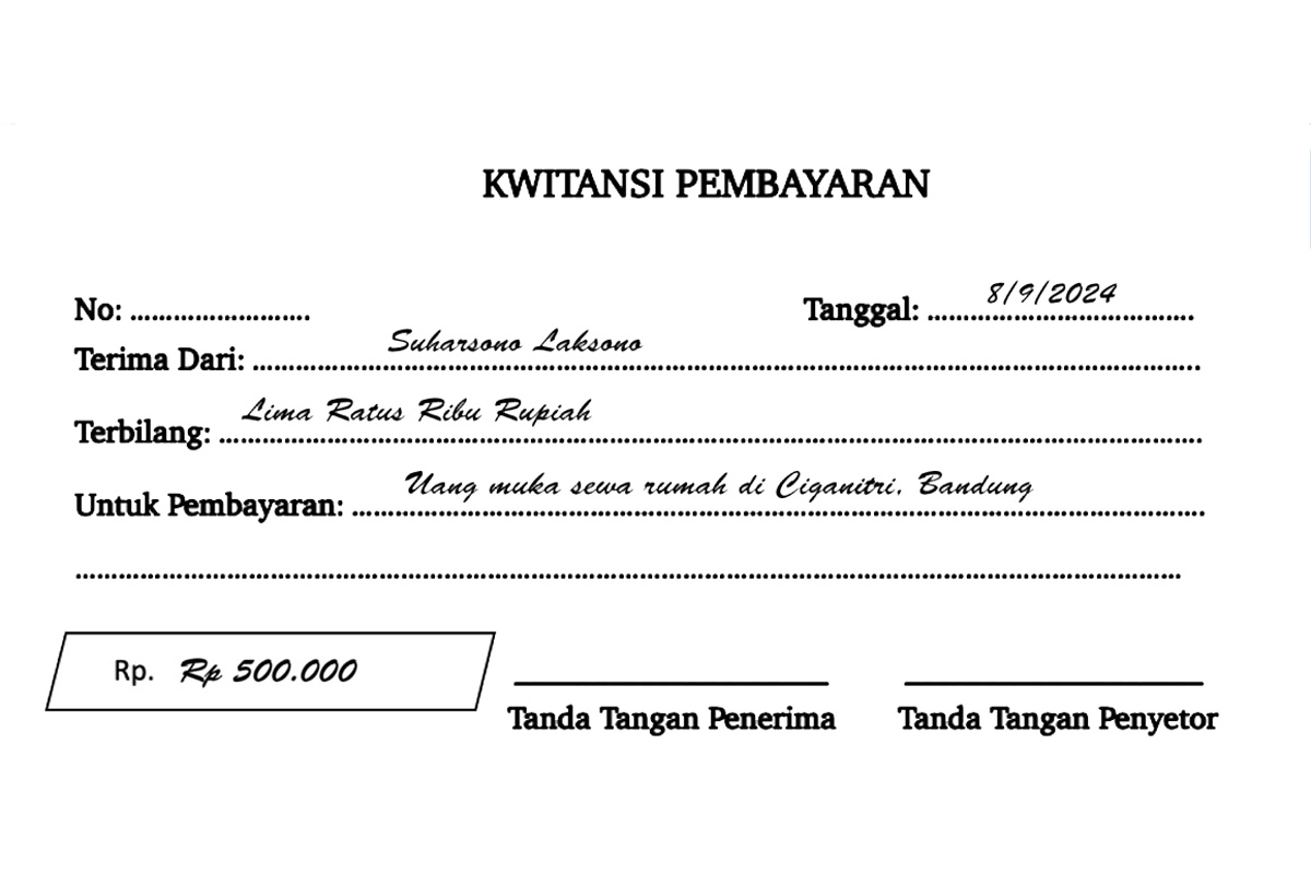 contoh kwitansi uang muka sewa rumah