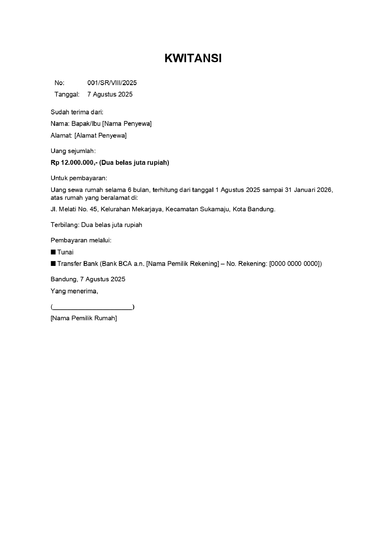 Contoh Kwitansi Sewa Rumah PDF