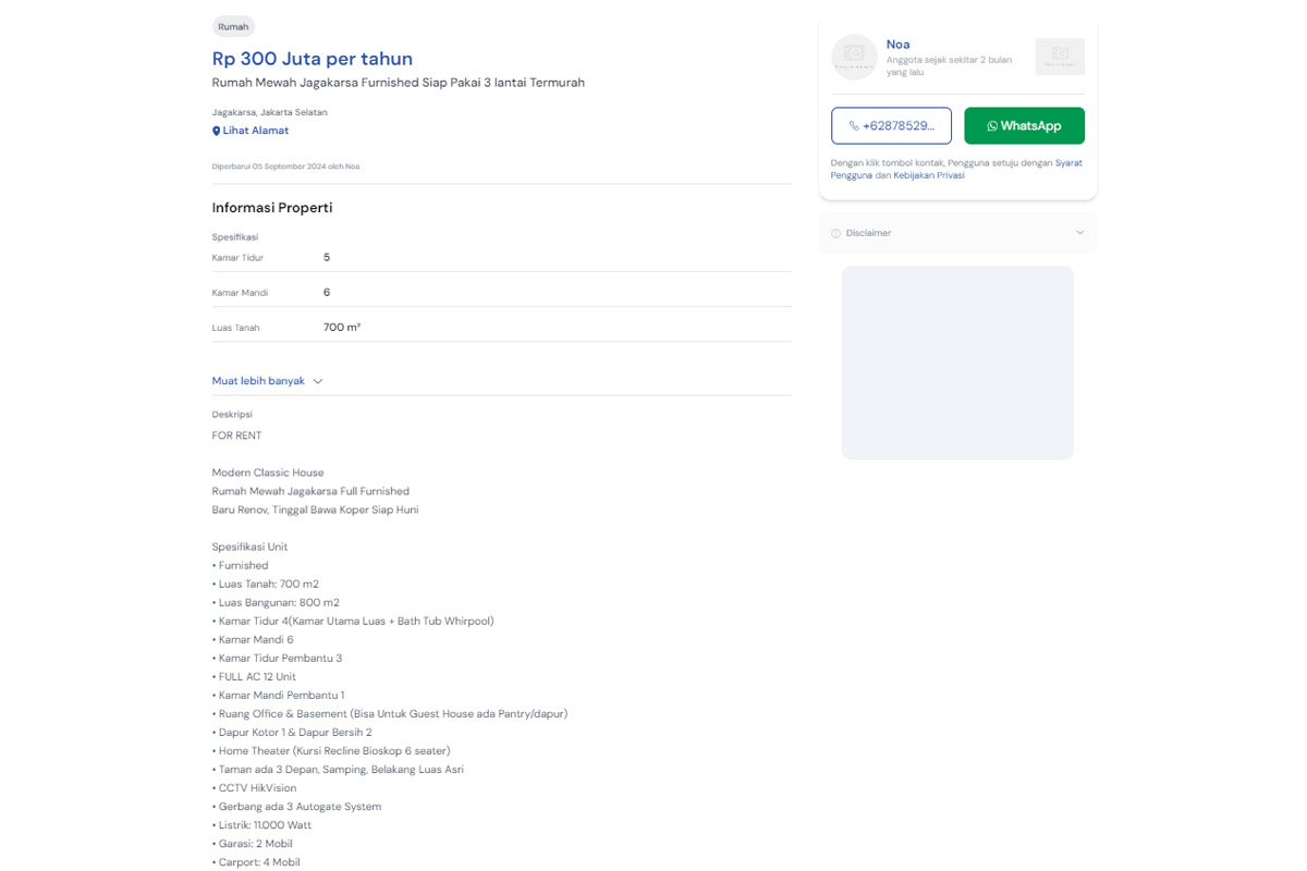 contoh iklan sewa rumah di marketplace properti
