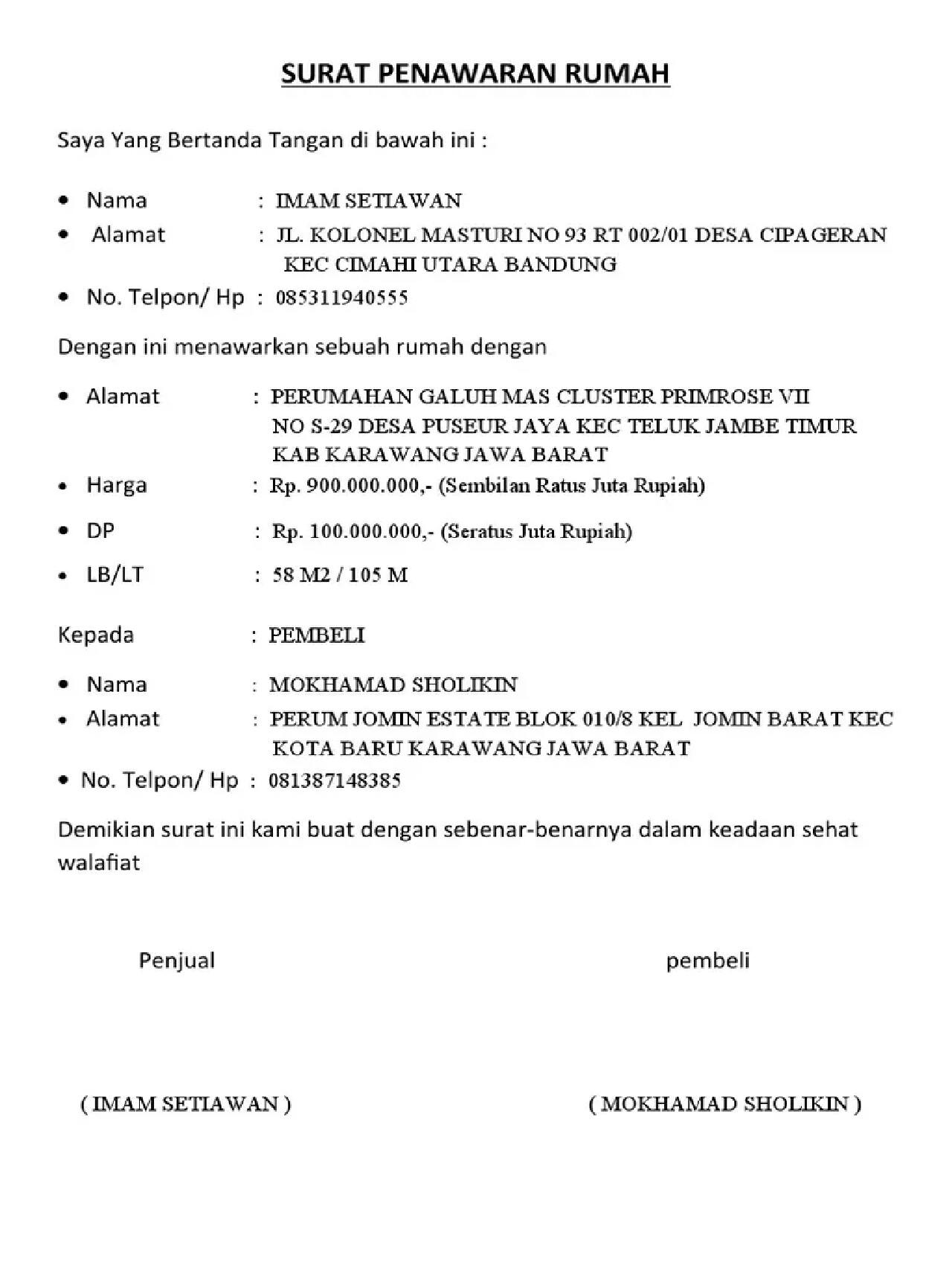 contoh surat penawaran rumah pribadi