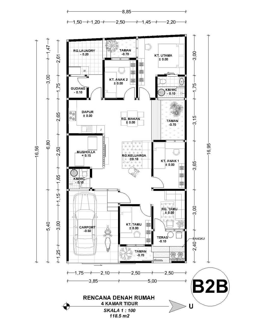16. Denah Rumah 4 Kamar Tidur 1 Lantai