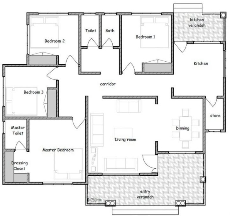 17. Denah Rumah 4 Kamar Tidur dengan Koridor