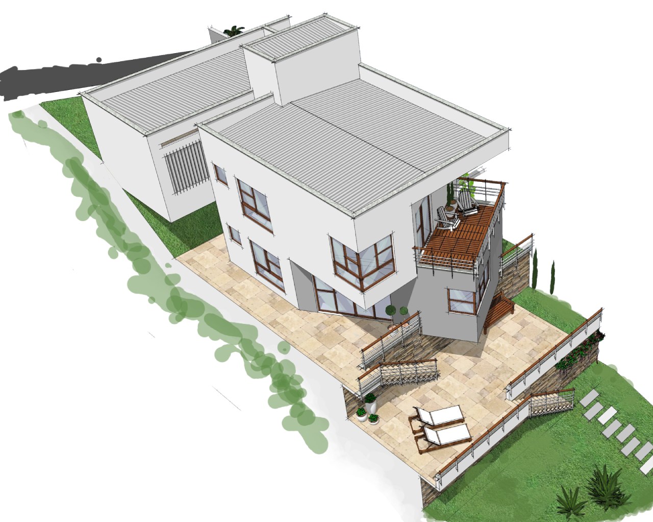 rumah di tanah menurun teras luas