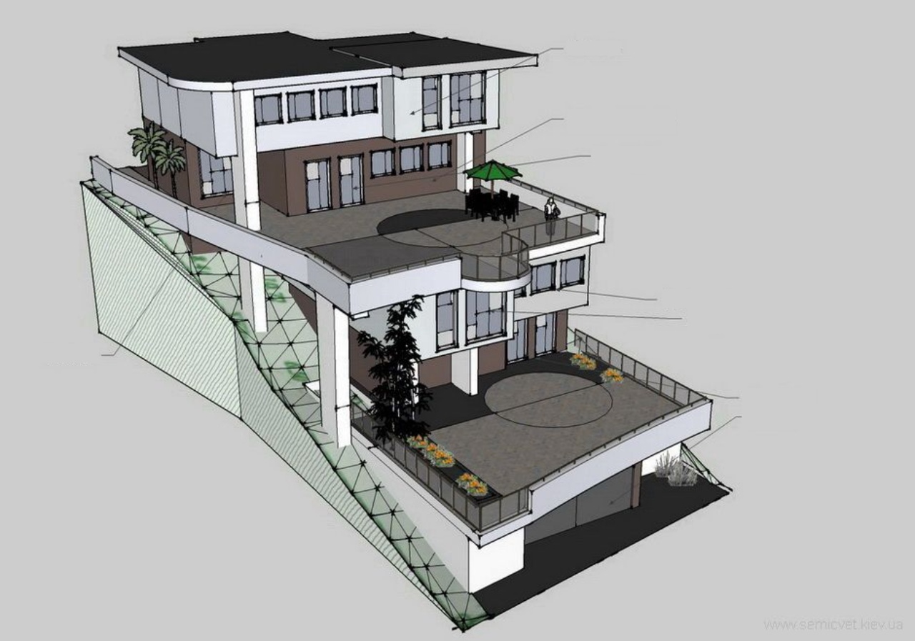 rumah di tanah menurun 3 lantai