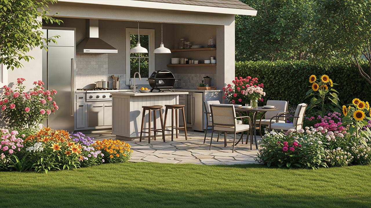 dapur outdoor dengan patio di halaman belakang rumah