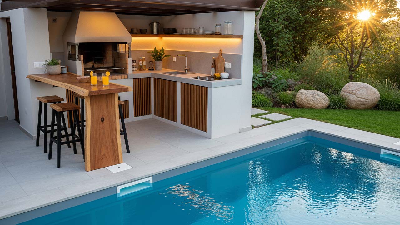 dapur outdoor semi terbuka di pinggir kolam renang