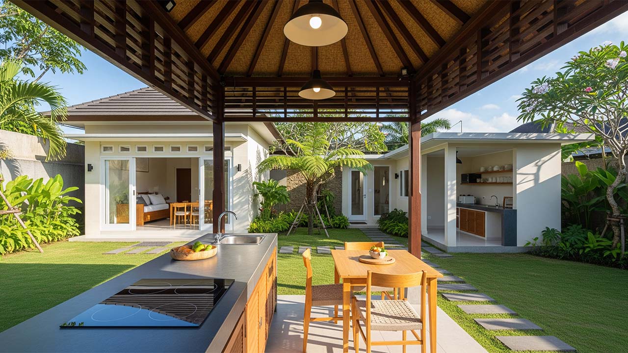 dapur dengan gazeboo di halaman belakang rumah