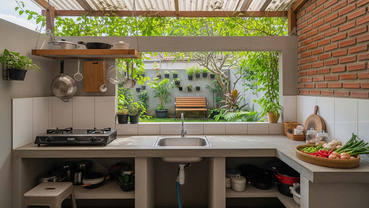 dapur outdoor semi terbuka di halaman belakang sempit