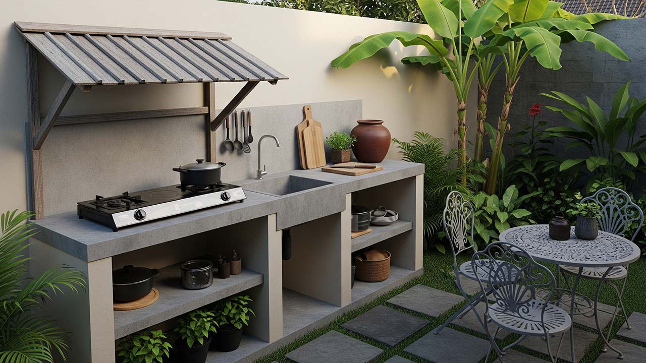 desain dapur outdoor terbuka di halaman belakang