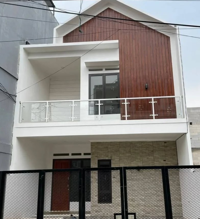 Desain Rumah 2 Lantai Sederhana dengan Fasad Motif Kayu