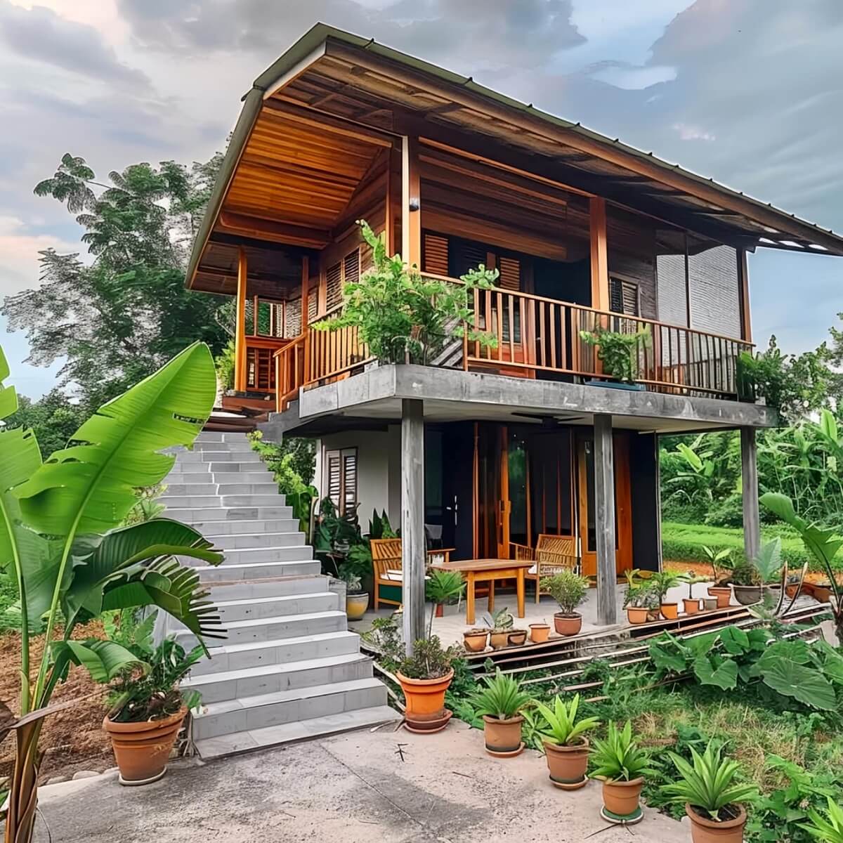 desain rumah 2 lantai bawah beton atas kayu modern