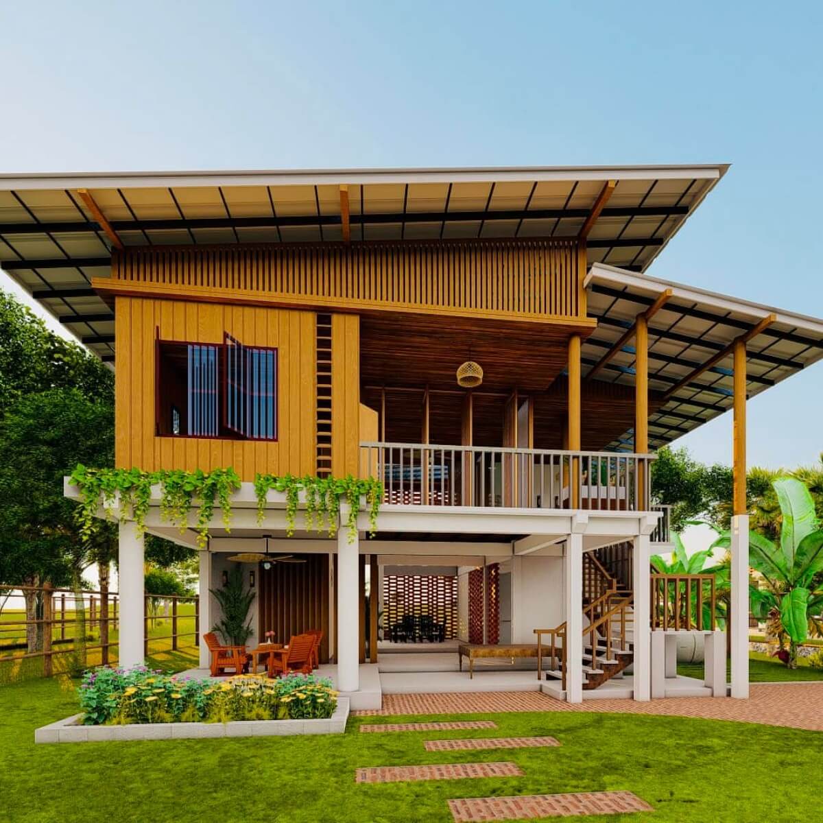 desain rumah 2 lantai bawah beton atas kayu minimalis mewah