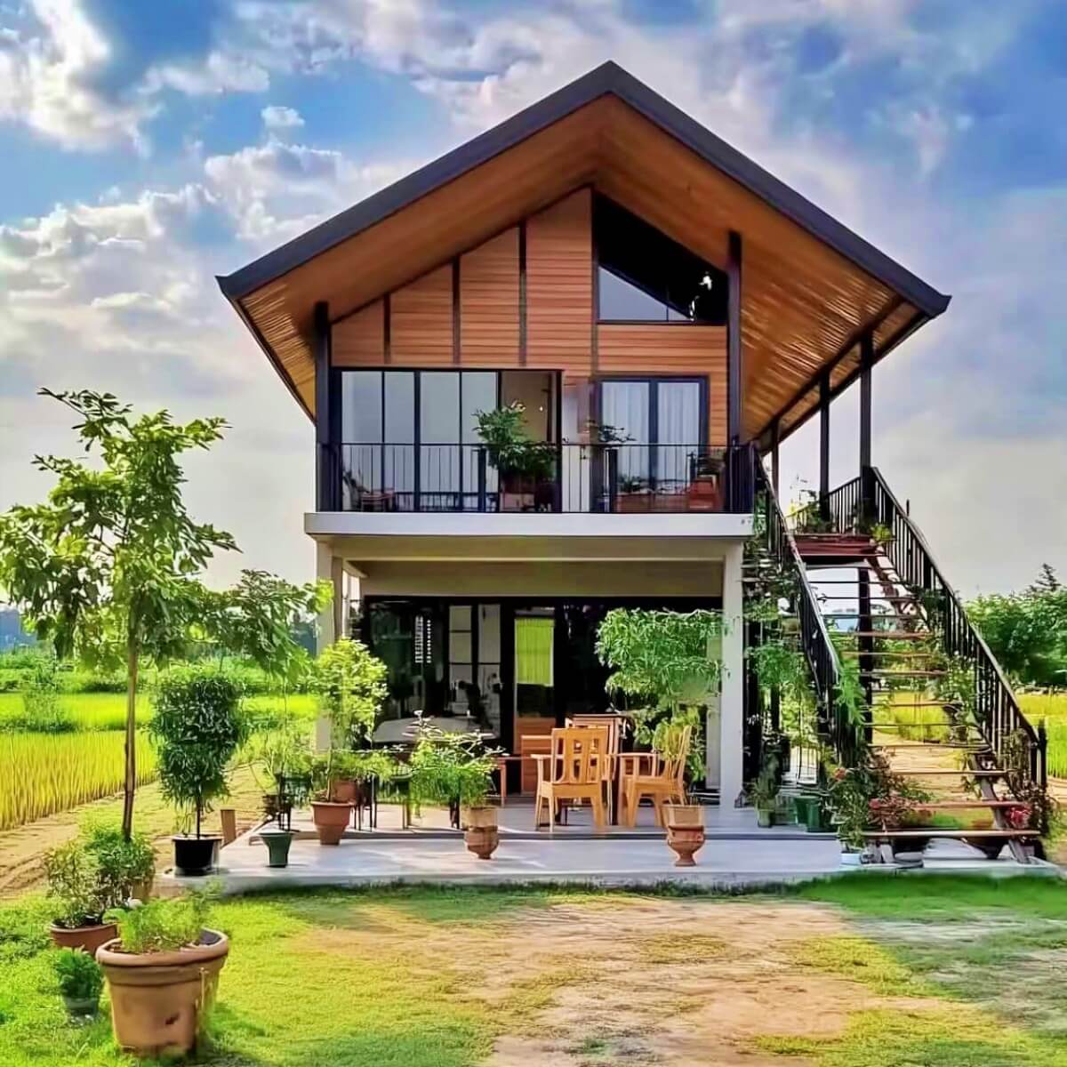 desain rumah 2 lantai bawah beton atas kayu modern mewah