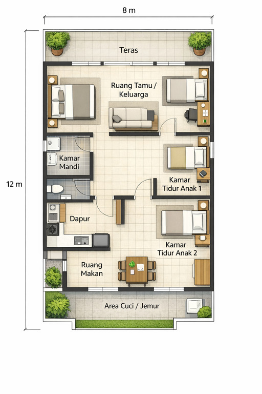 desain ruang keluarga menyatu dengan ruang makan type 36