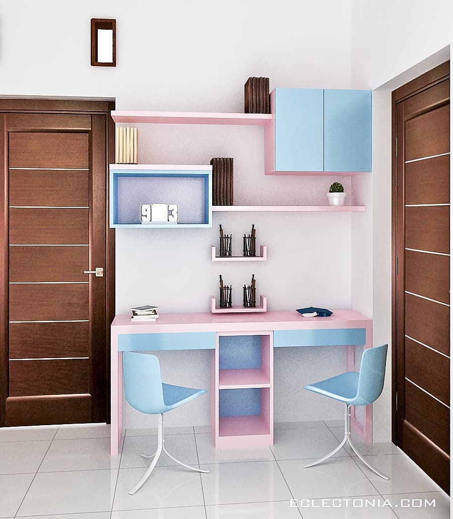 2. Desain Meja Belajar Minimalis Kombinasi Putih dan Biru Muda
