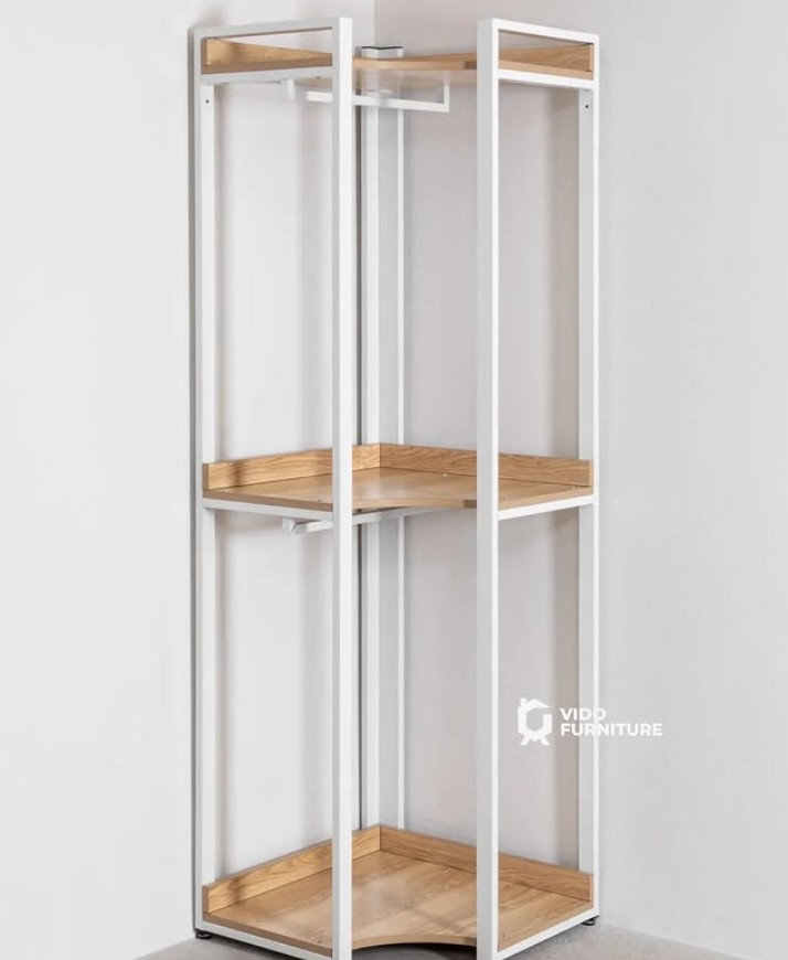 2. Desain Rak Sudut Ruang Tamu Minimalis Kombinasi Besi dan Kayu Jati