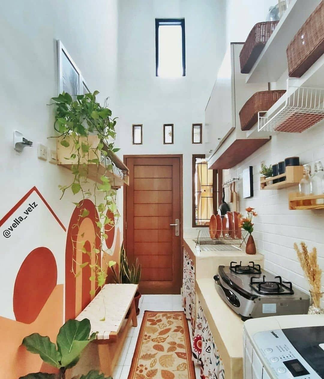 2. Desain Dapur Sempit Memanjang dengan Tanaman Rambat dan Lukisan Dinding
