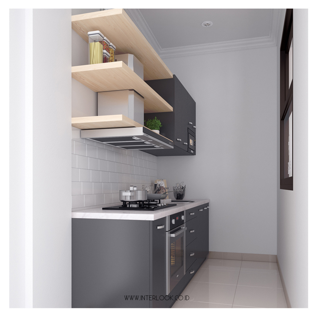 6. Desain Dapur Sempit Memanjang Nuansa Abu-abu dan Putih