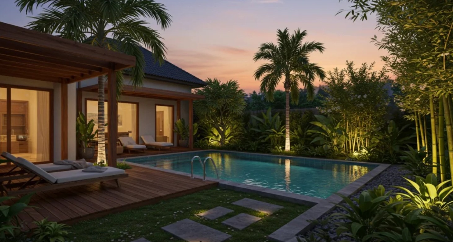 1. Desain Kolam Renang dan Taman Bergaya Tropis di Rumah
