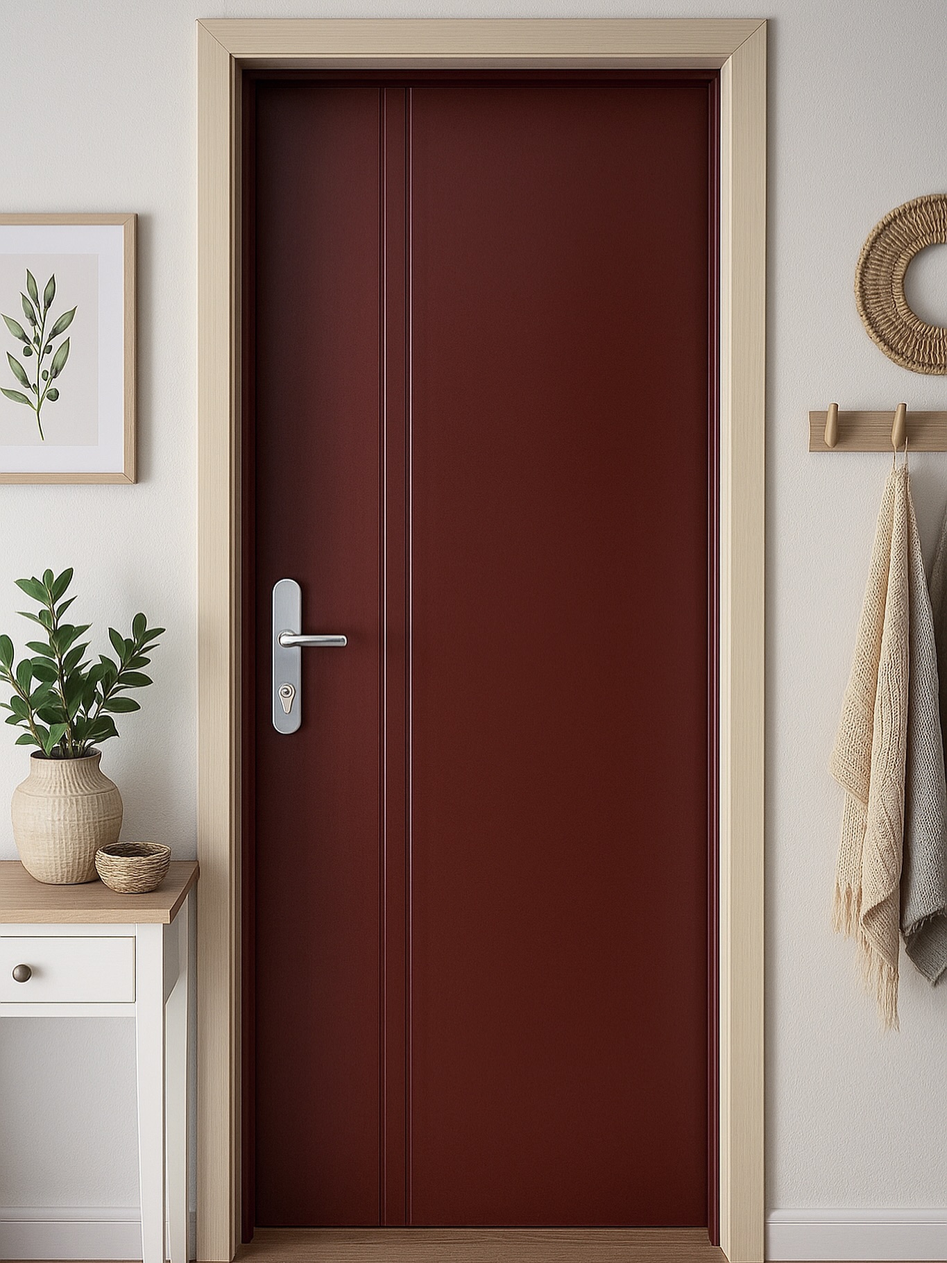 3. Pintu Kamar Tidur Modern Material Baja Berwarna Maroon